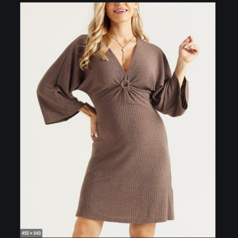 💫✨ HOST PICK 💫✨ 2X Suzanne Betro Coffee Bell-Sleeve V-Neck Dress